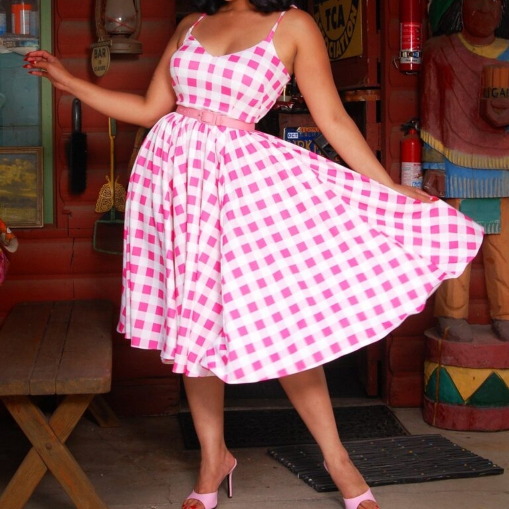 Pinup Girl PUG Couture Clothing Amalie Barbie Pink gingham sun swing Dress 2x